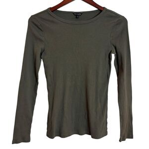 Massimo Dutti Long Sleeve Olive Green Ribbed Cotton Spandex Top Size Medium